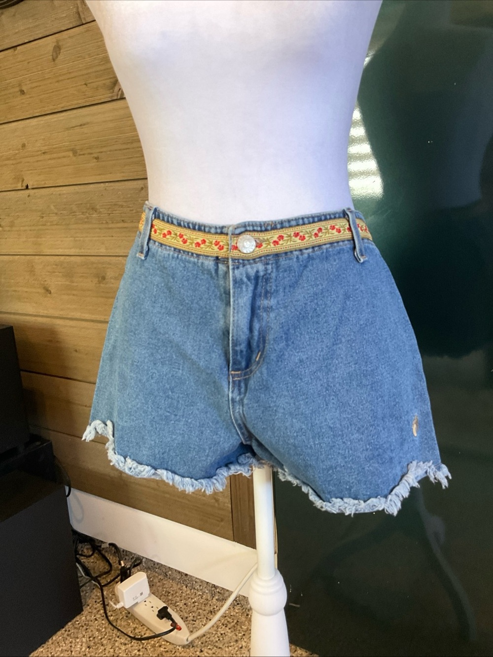 Hang Ten Blue Denim Frayed Hem Women's Shorts with Embroidered Waist
